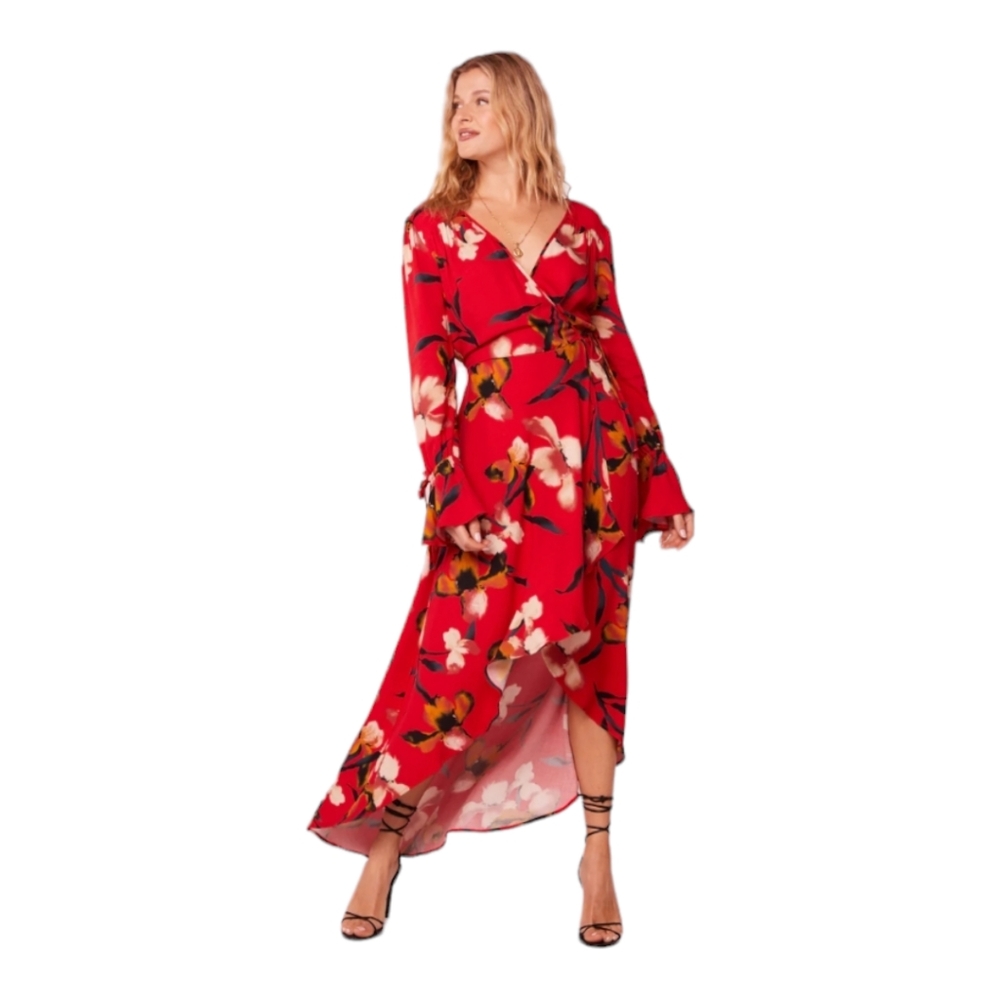 Band of the Free Red Gold Polly Floral High Low Wrap Dress Size M Boho